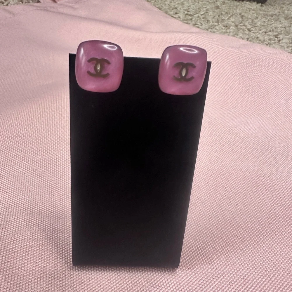 CHANEL Pink Square Clip On Earrings